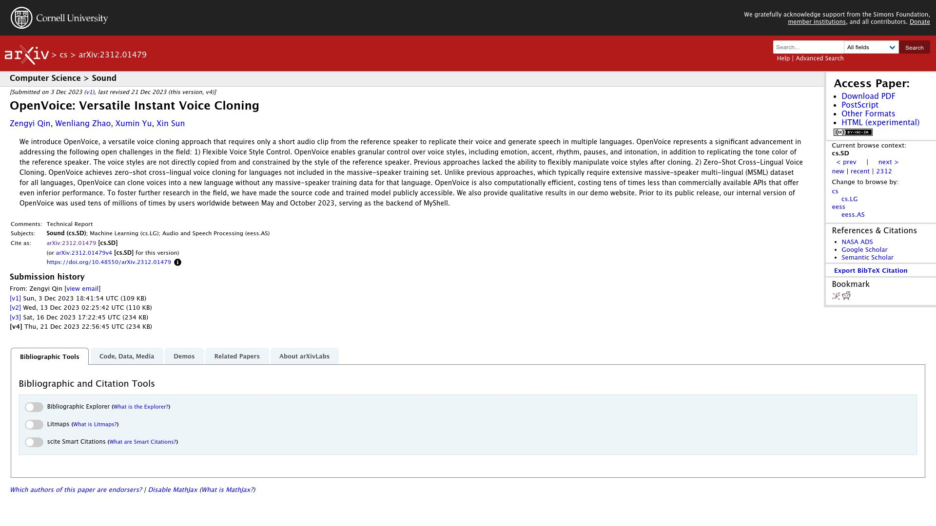 Screenshot of arxiv.org: OpenVoice: Versatile Instant Voice Cloning