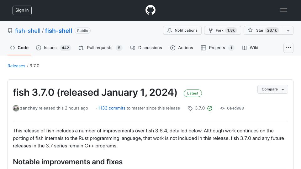 Screenshot of github.com: Fish shell 3.7.0 released, the last release branch before the full Rust rewrite