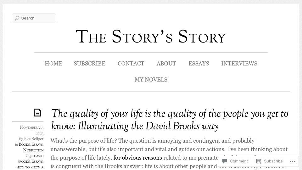 Screenshot of jakeseliger.com: The quality of your life is the quality of the people you get to know