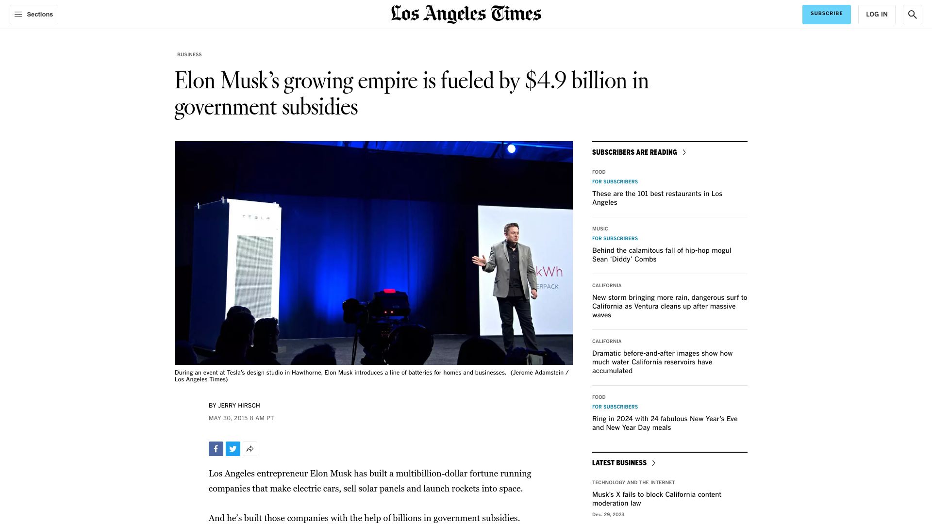 Screenshot of latimes.com: Elon, Welfare Queen