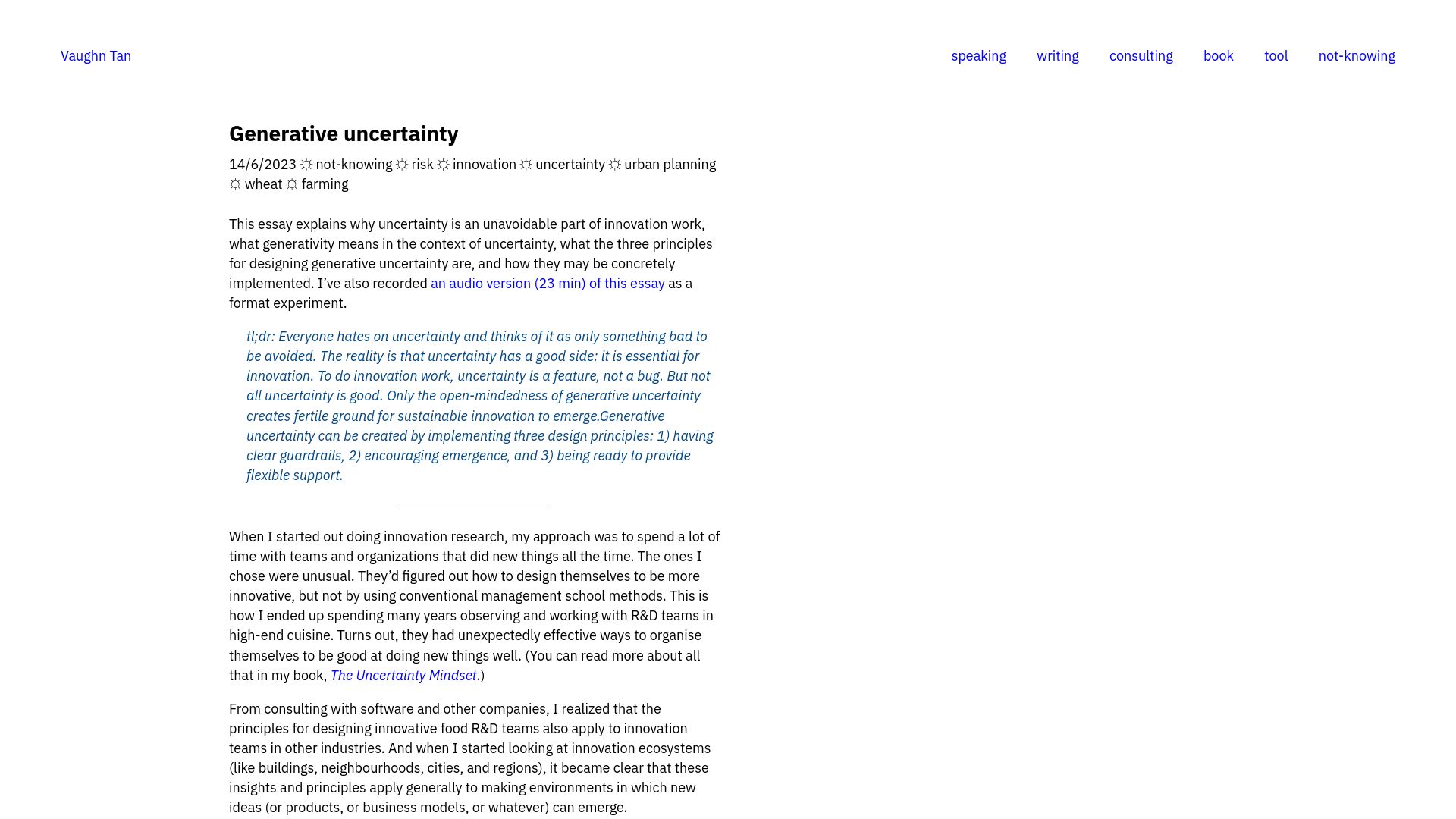 Screenshot of vaughntan.org: Generative Uncertainty