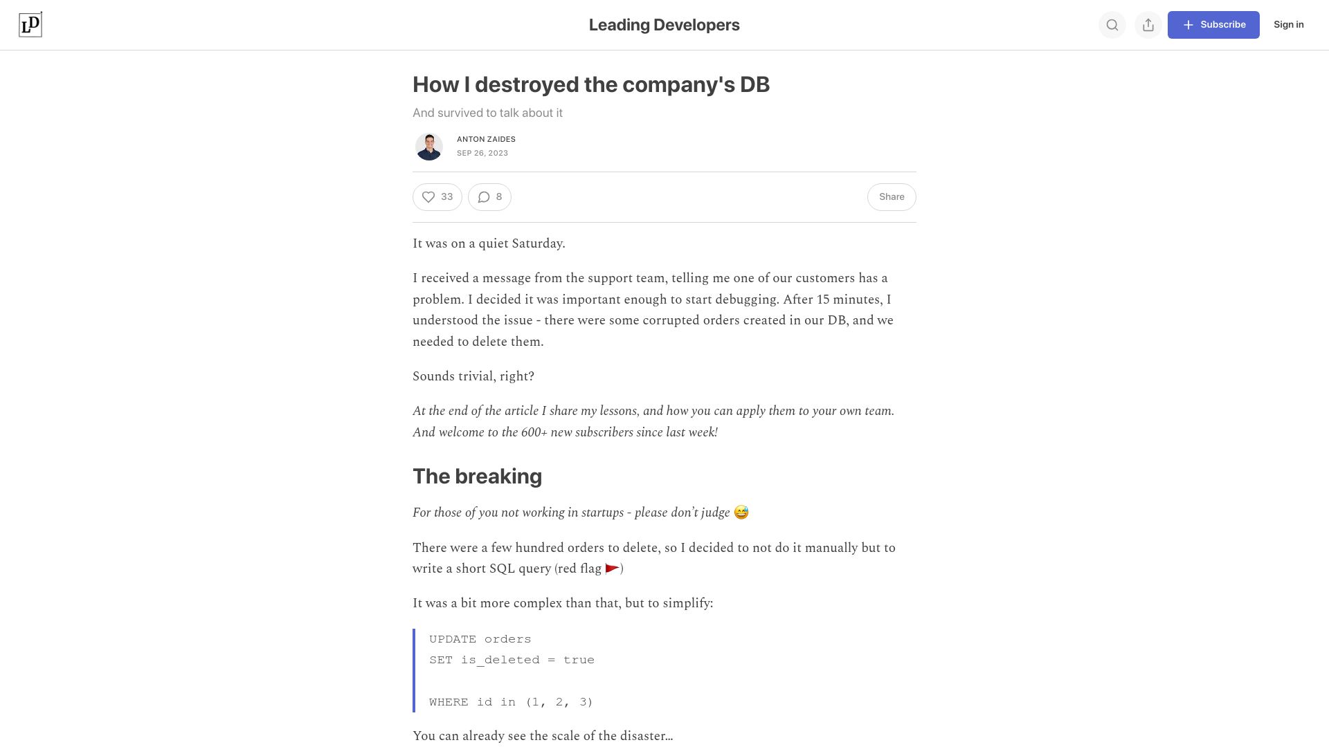 Screenshot of zaidesanton.substack.com: How I destroyed the company's DB (a stupid SQL mistake)