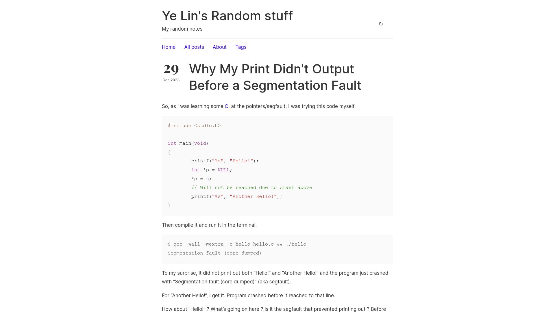 Screenshot of blog.yelinaung.com: Why my print didn't output before a segmentation fault