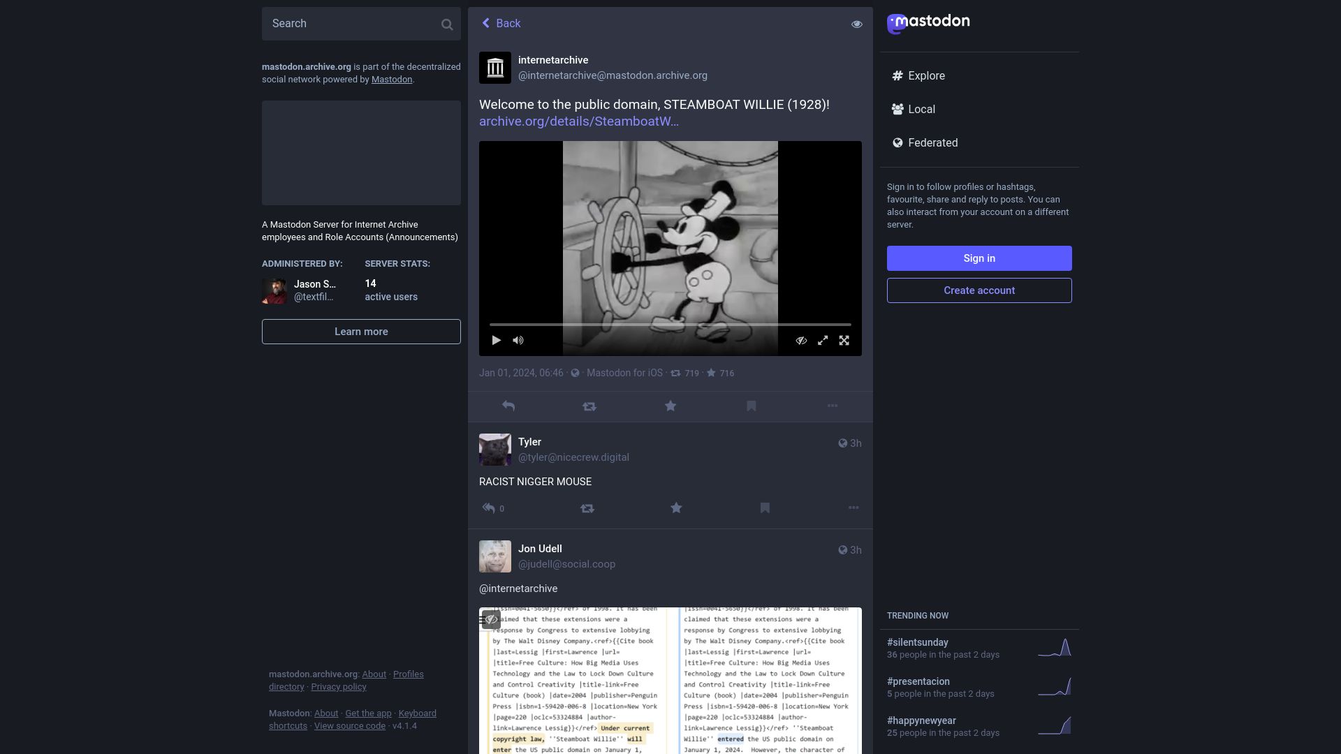 Screenshot of mastodon.archive.org: Welcome to the public domain, Steamboat Willie