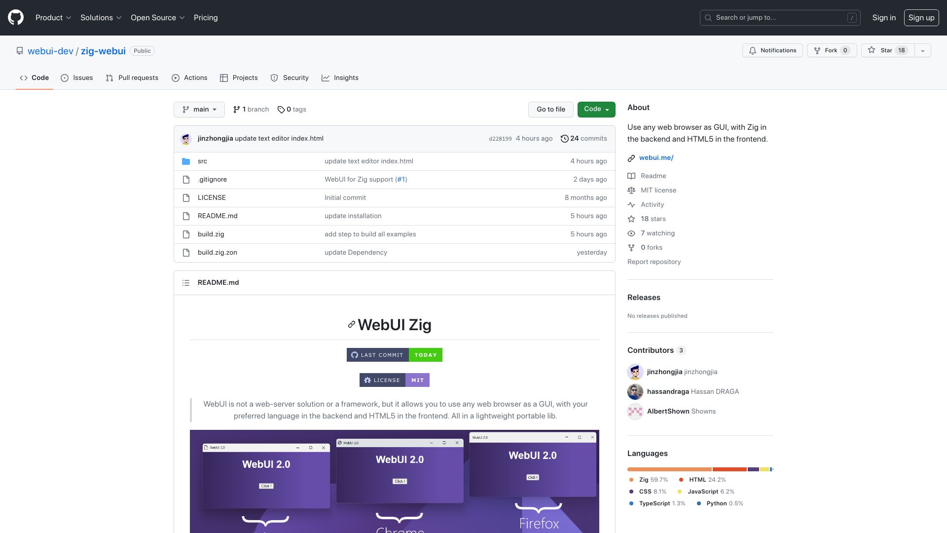 Screenshot of github.com: Web browser as GUI, with your preferred language in the backend
