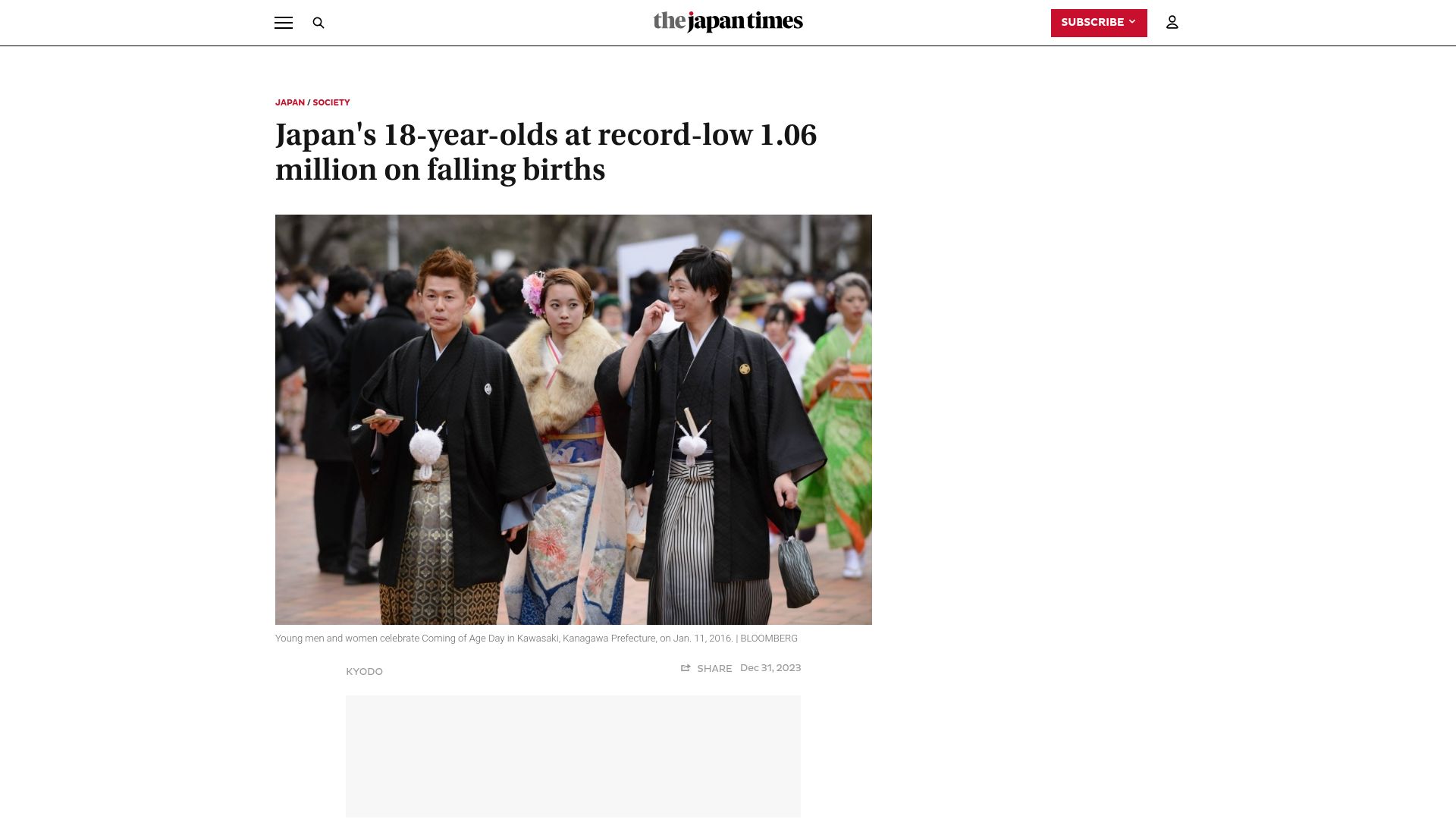 Screenshot of japantimes.co.jp: Japan's 18-year-olds at record-low 1.06 million