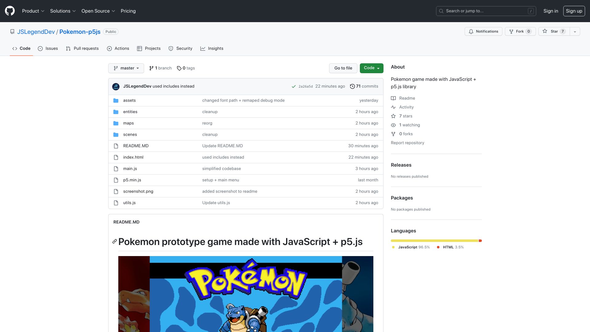 Screenshot of github.com: Show HN: Pokemon prototype game made with JavaScript and p5.js