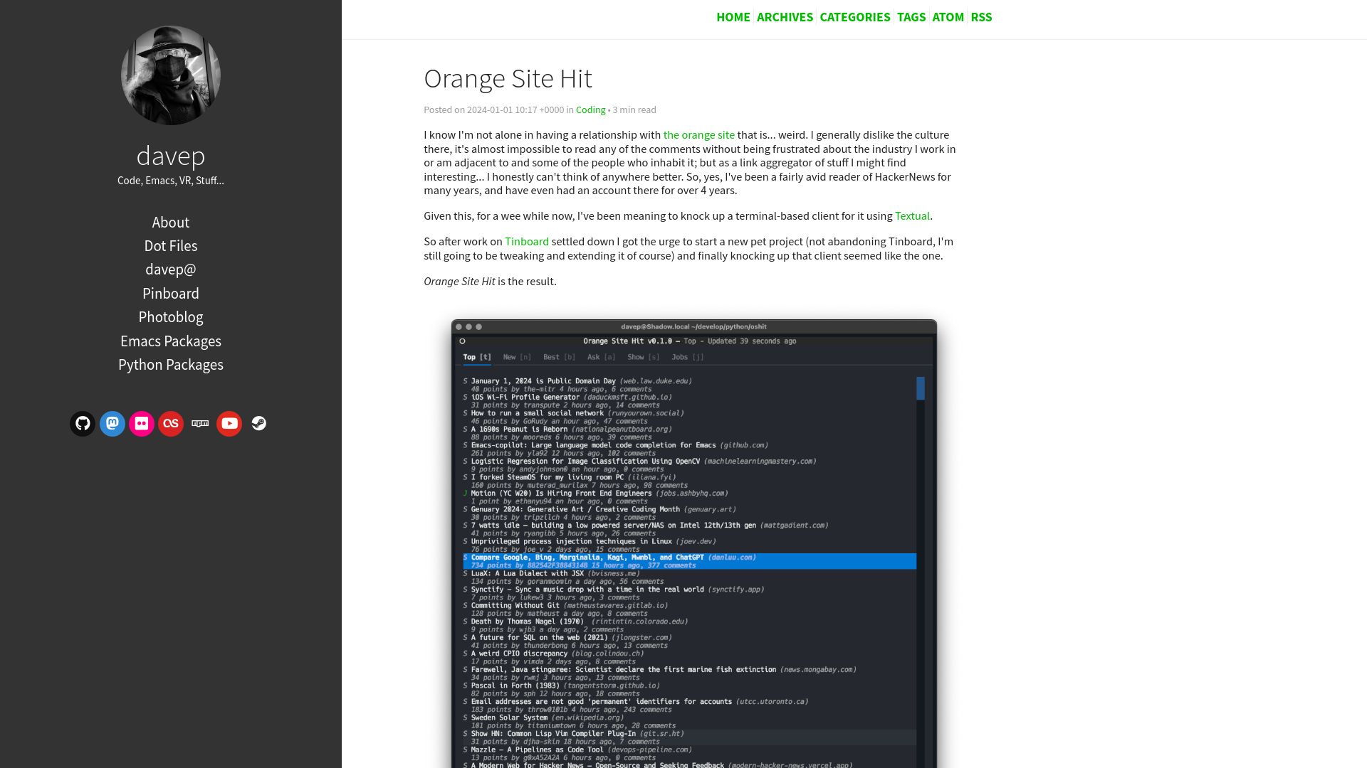Screenshot of blog.davep.org: Orange Site Hit