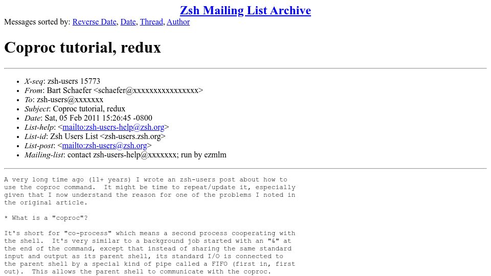 Screenshot of zsh.org: Coproc Tutorial (2011)