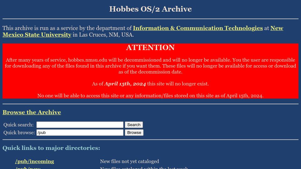 Screenshot of hobbes.nmsu.edu: Hobbes OS/2 Archive: As of April 15th, 2024 this site will no longer exist
