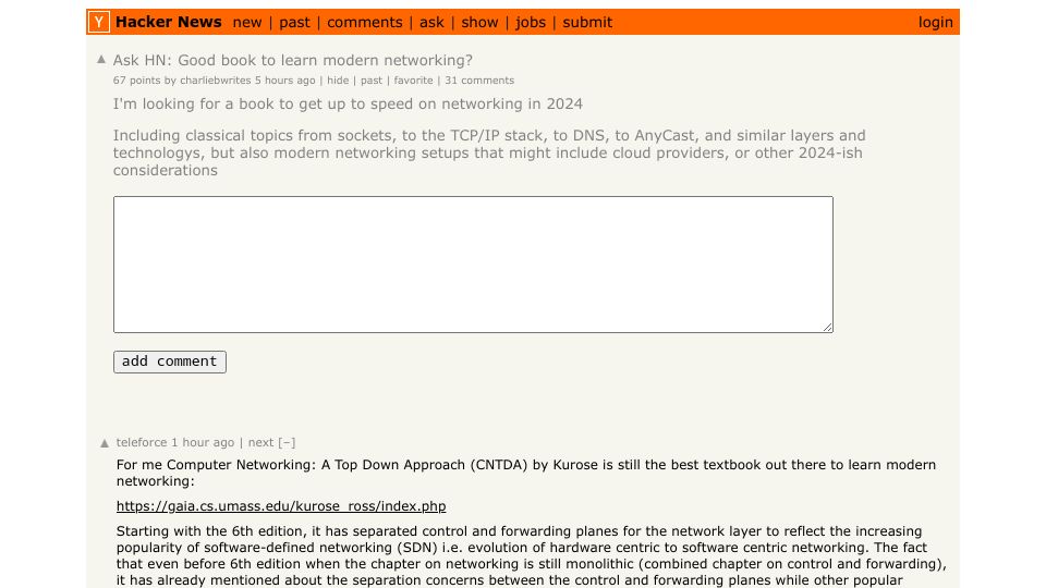 Screenshot of Hacker News post: Ask HN: Good book to learn modern networking?