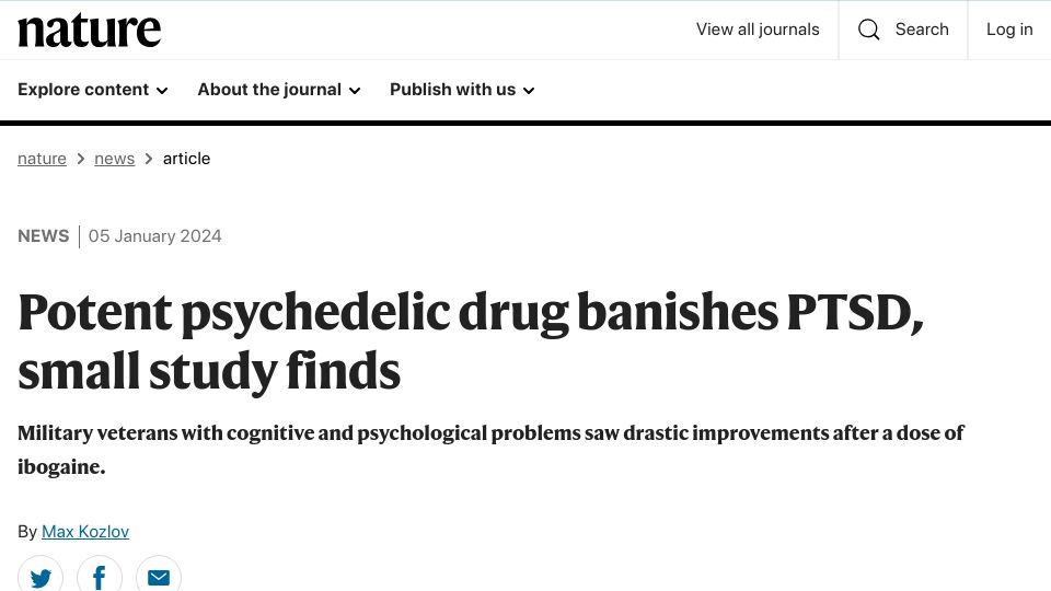 Screenshot of nature.com: Ibogaine banishes PTSD, small study finds