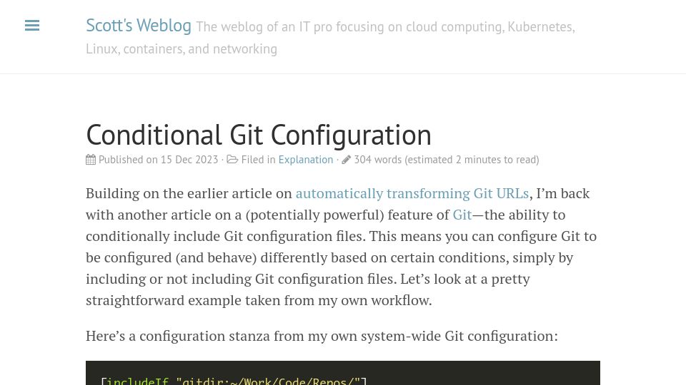 Screenshot of blog.scottlowe.org: Conditional Git Configuration