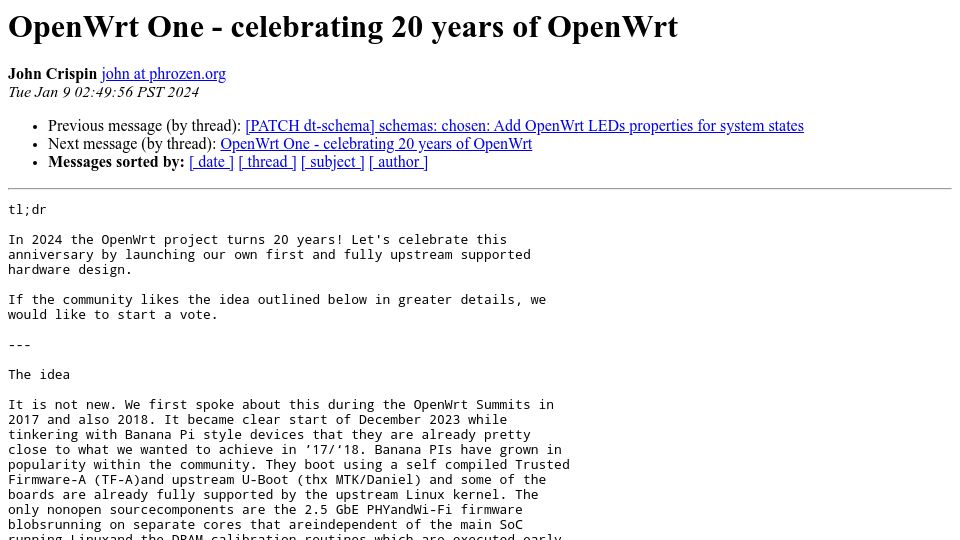 Screenshot of lists.openwrt.org: OpenWrt One – celebrating 20 years of OpenWrt