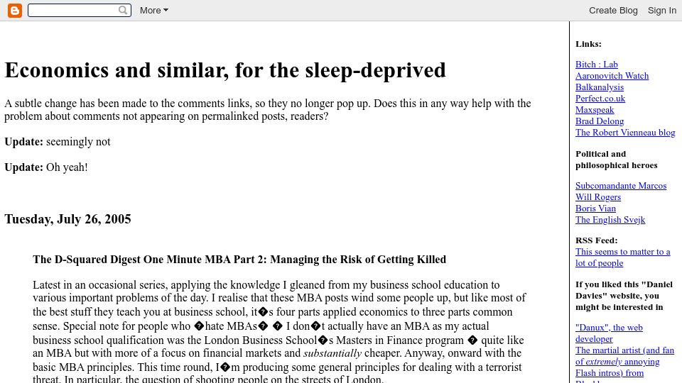 Screenshot of blog.danieldavies.com: Economics and Similar, for the Sleep-Deprived (2005)