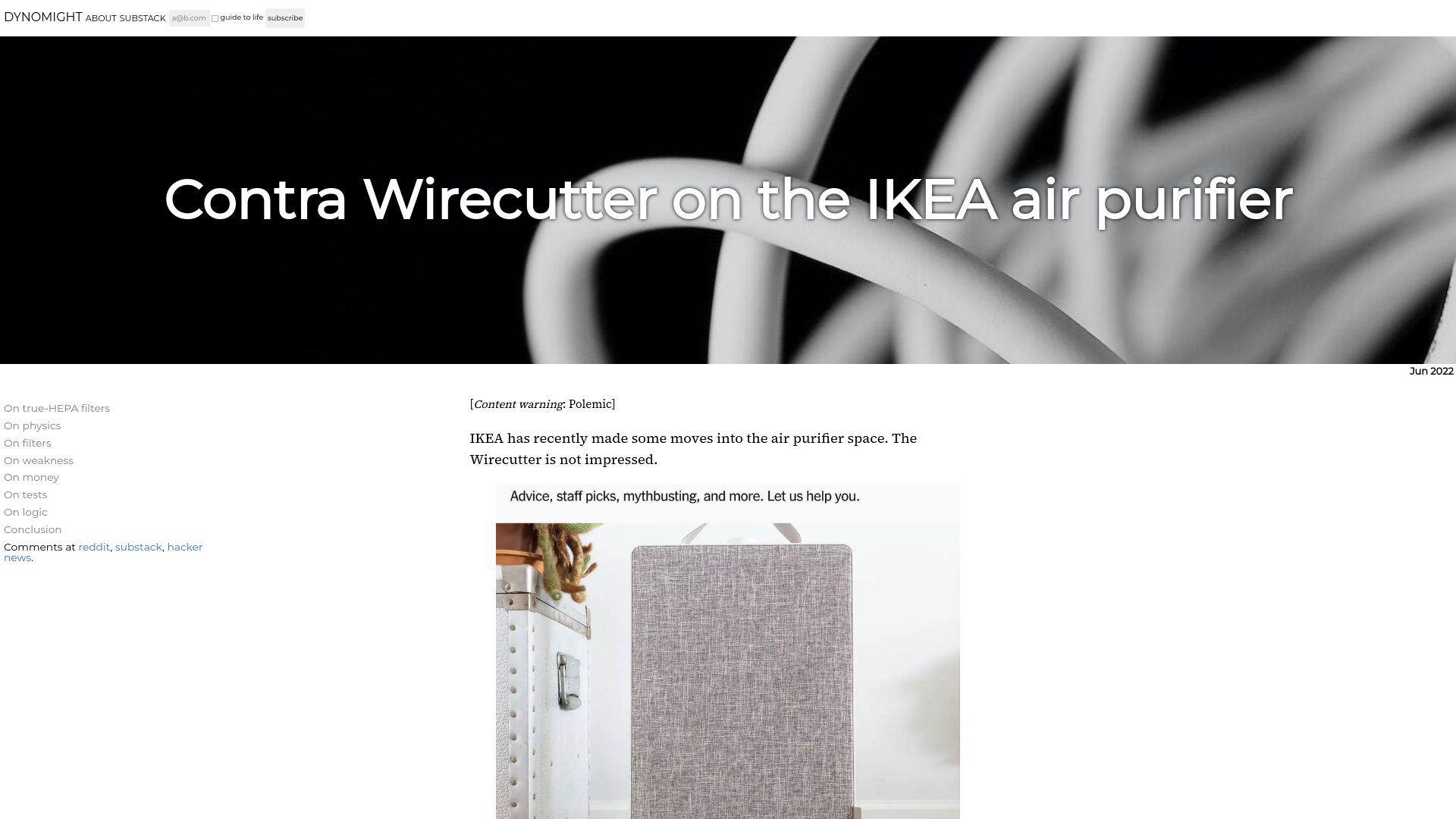 Screenshot of dynomight.net: Contra Wirecutter on the IKEA air purifier (2022)