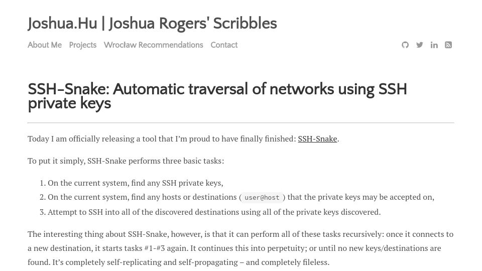 Screenshot of joshua.hu: SSH-Snake: Automatic traversal of networks using SSH private keys