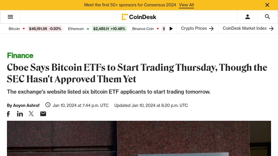 Screenshot of coindesk.com: Cboe says Bitcoin ETF to start trading Thursday ahead of SEC's official approval