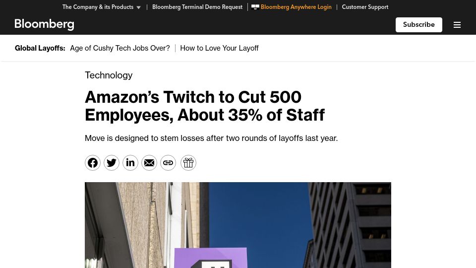 Screenshot of bloomberg.com: Amazon's Twitch to Cut 500 Employees, About 35% of Staff