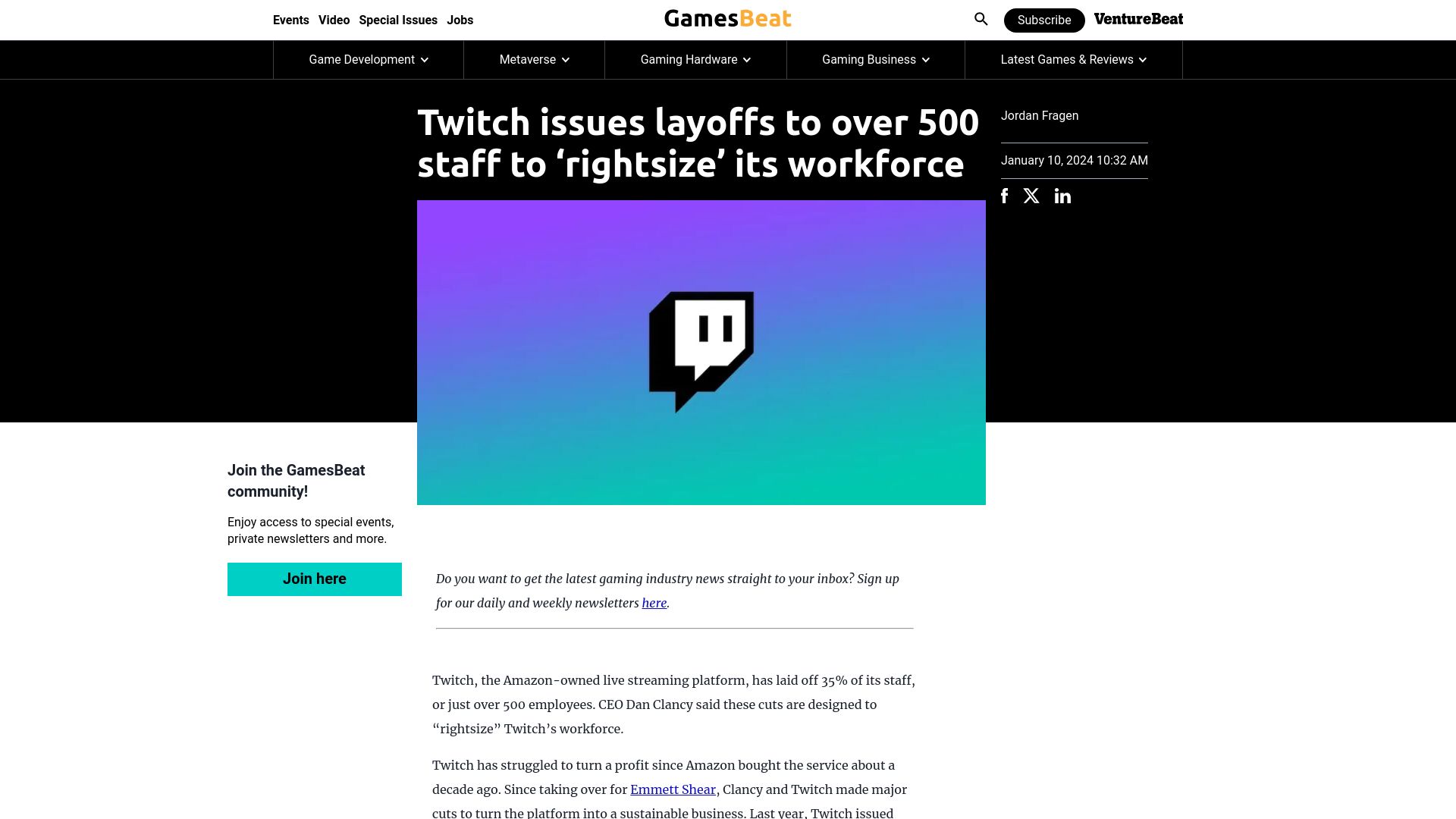 Screenshot of venturebeat.com: Twitch lays off 500 staff