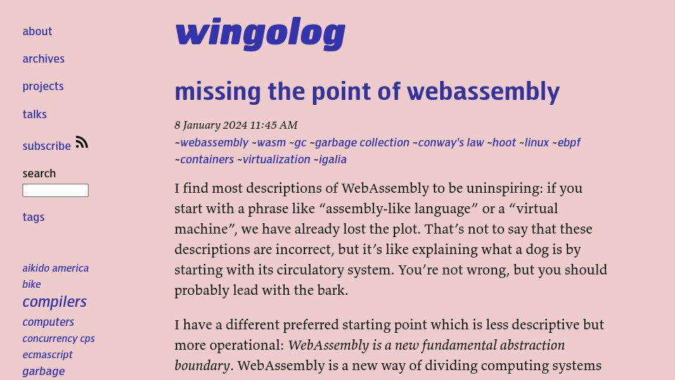 Screenshot of wingolog.org: Missing the Point of WebAssembly