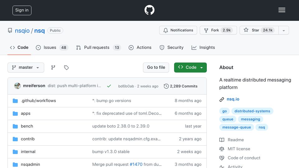 Screenshot of github.com: NSQ: Open-source realtime distributed messaging, billions of messages / day
