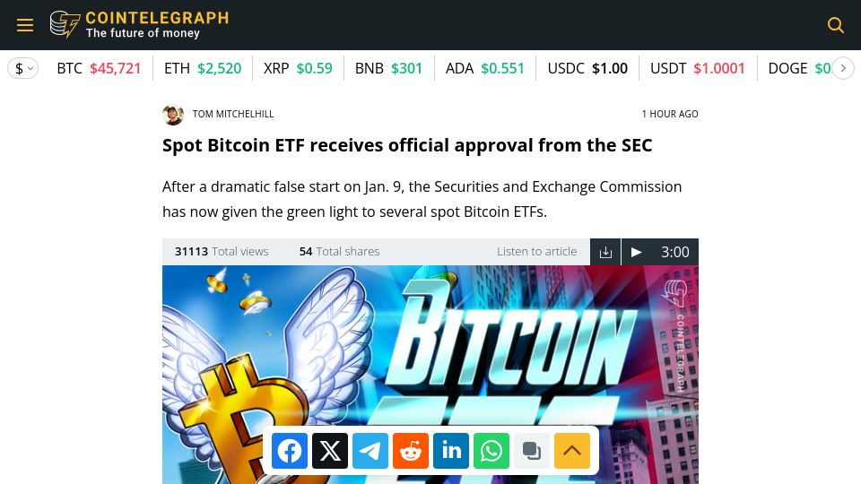 Screenshot of cointelegraph.com: Spot Bitcoin ETF receives official approval from the SEC