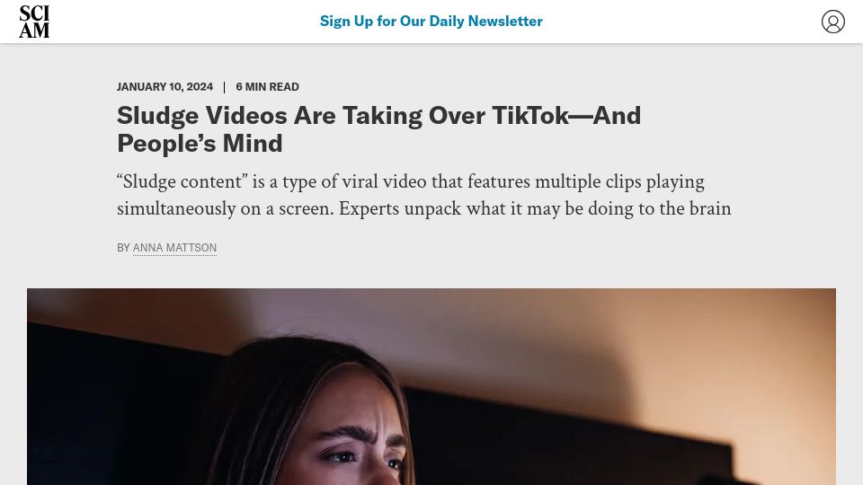 Screenshot of scientificamerican.com: Sludge Videos Are Taking over TikTok–and People's Mind