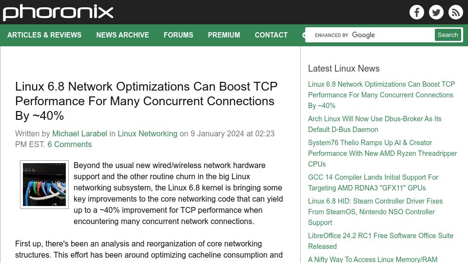 Screenshot of phoronix.com: Linux 6.8 Network Optimizations Can Boost TCP Performance by ~40%