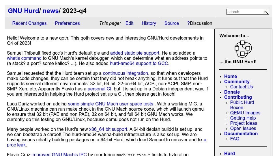Screenshot of gnu.org: Quarter of the Hurd 2023-Q4