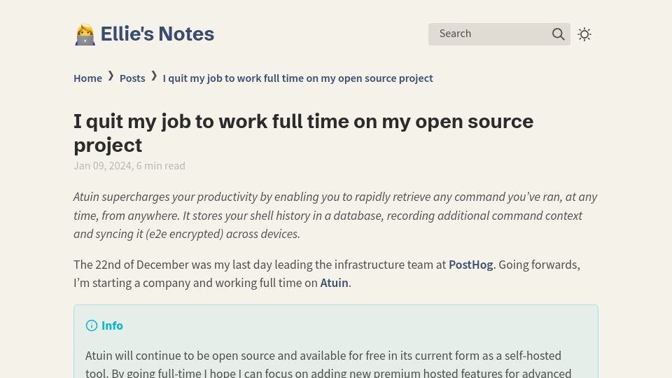 Screenshot of ellie.wtf: I quit my job to work full time on my open source project