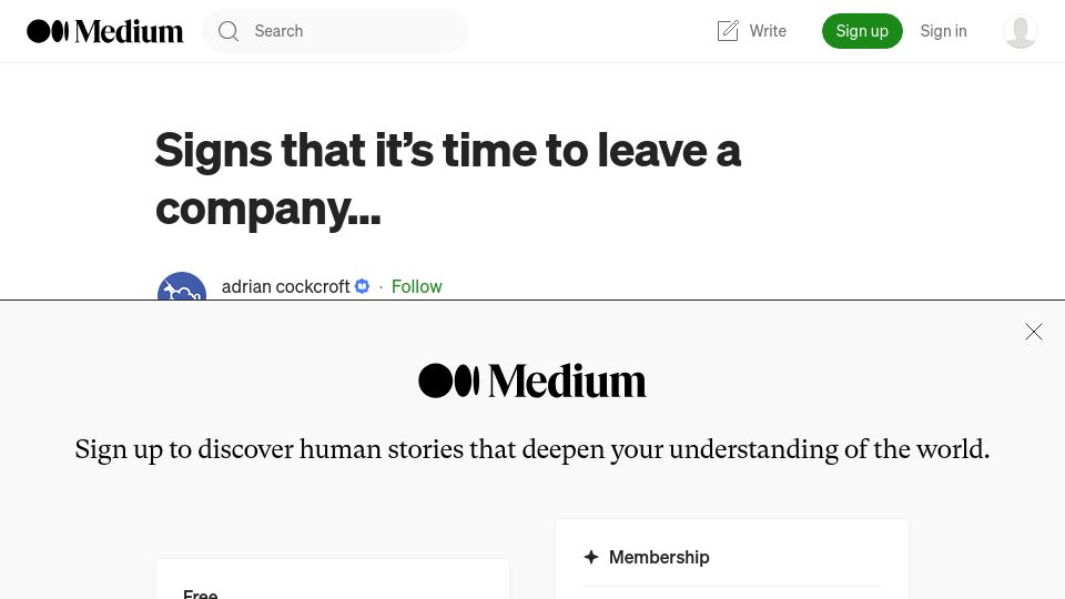 Screenshot of adrianco.medium.com: Signs that it's time to leave a company