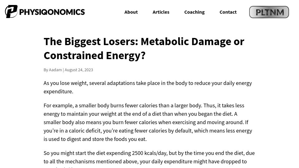Screenshot of physiqonomics.com: The biggest losers: Metabolic damage or constrained energy?