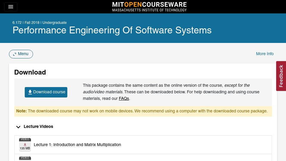 Screenshot of ocw.mit.edu: Free MIT Course: Performance Engineering of Software Systems