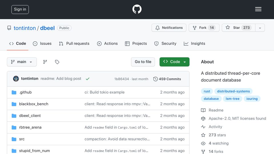 Screenshot of github.com: Show HN: Dbeel – A distributed thread-per-core db