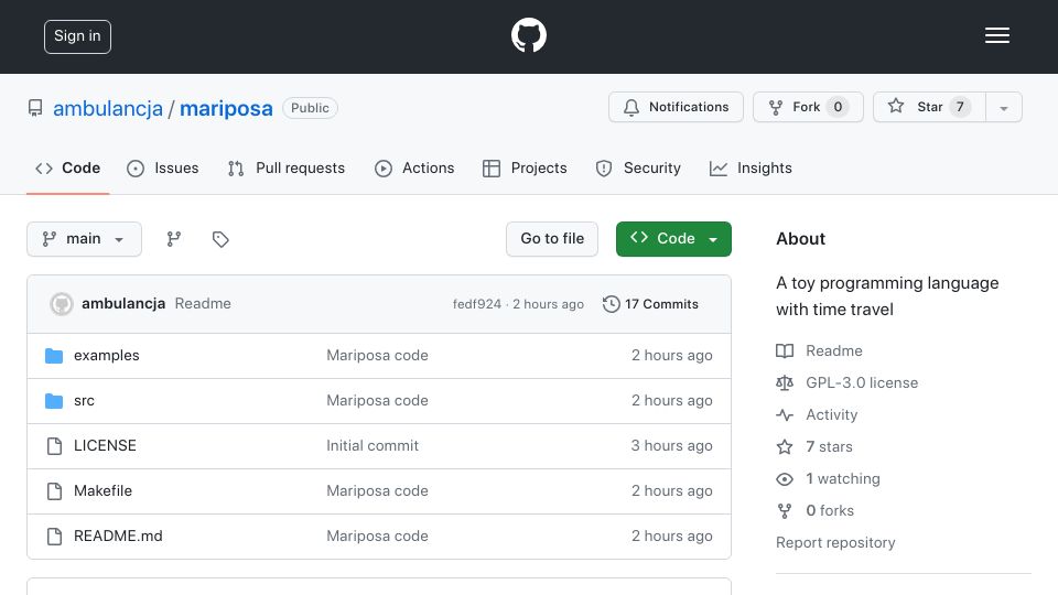 Screenshot of github.com: Mariposa – A programming language with time-travel