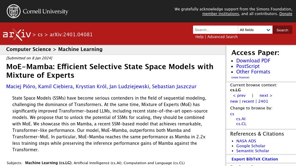 Screenshot of arxiv.org: MoE-Mamba: Efficient Selective State Space Models with Mixture of Experts