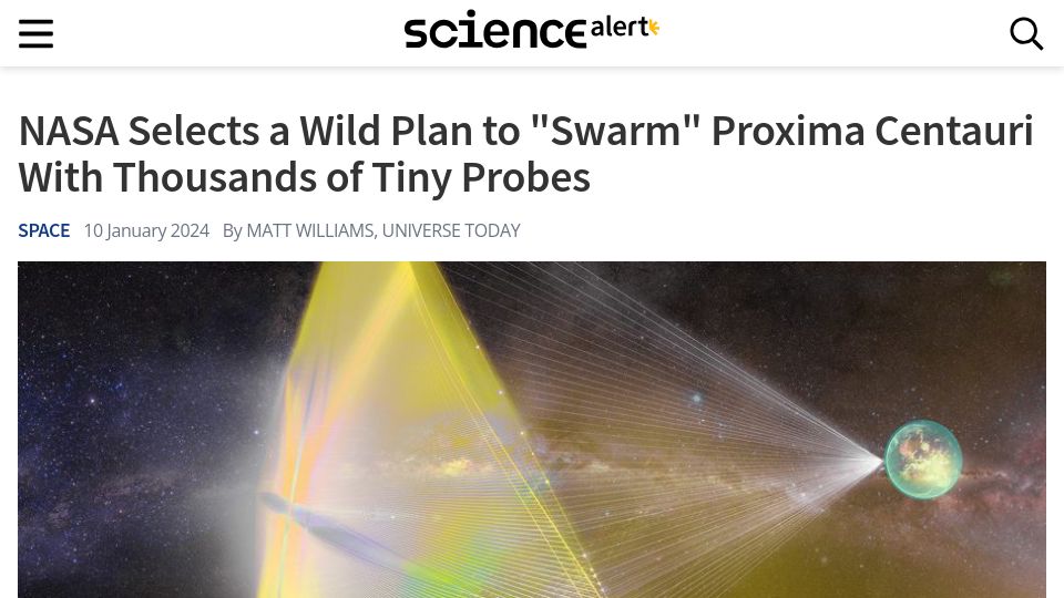 Screenshot of sciencealert.com: NASA's plan to "swarm" Proxima Centauri with tiny probes