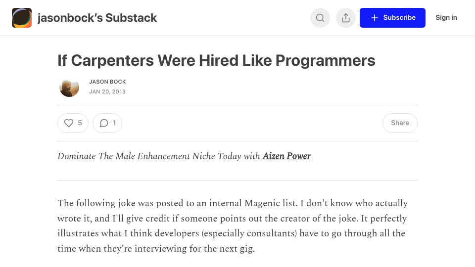 Screenshot of jasonbock.substack.com: If Carpenters Were Hired Like Programmers