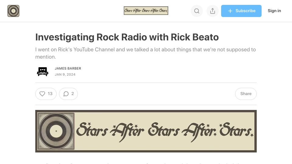 Screenshot of starsafterstarsafterstars.substack.com: Investigating Rock Radio with Rick Beato