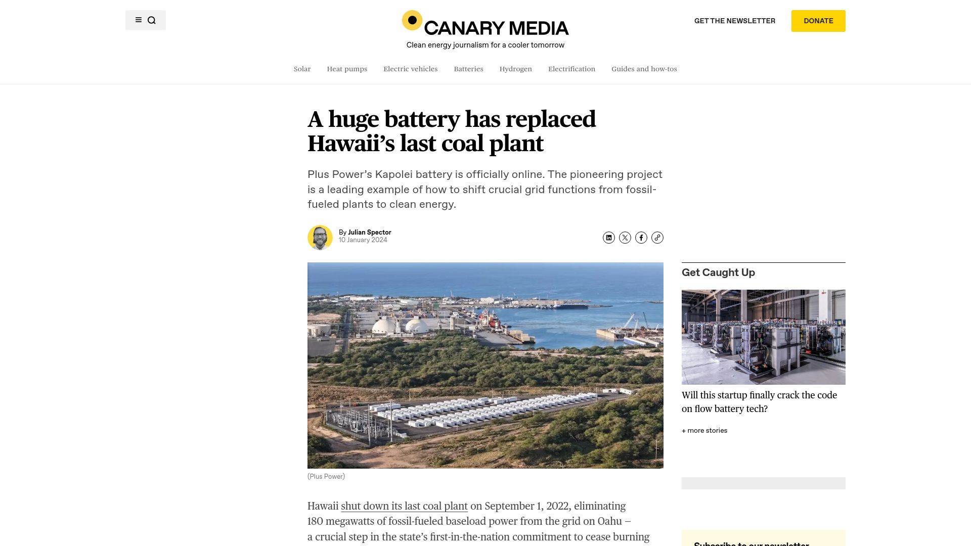 Screenshot of canarymedia.com: A battery has replaced Hawaii's last coal plant