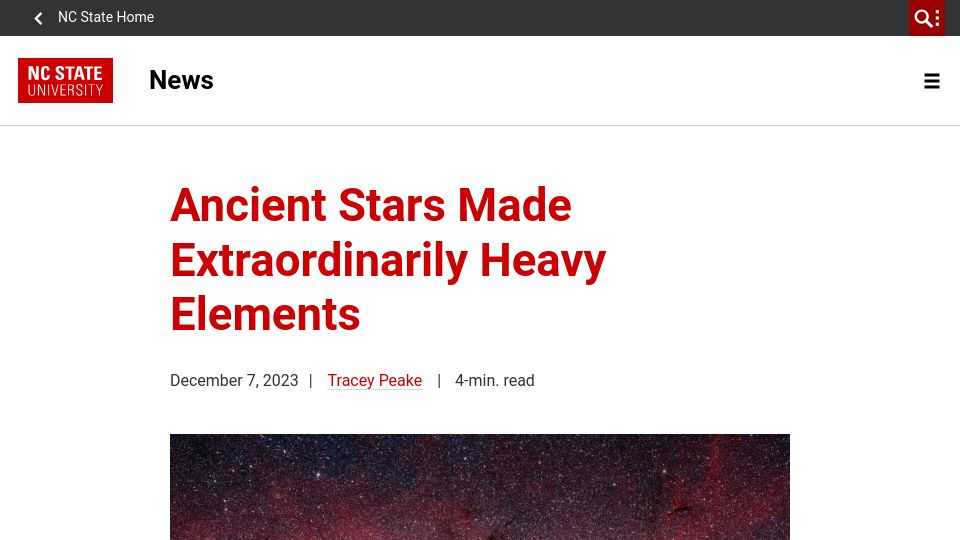 Screenshot of news.ncsu.edu: Ancient Stars Made Extraordinarily Heavy Elements (2023)