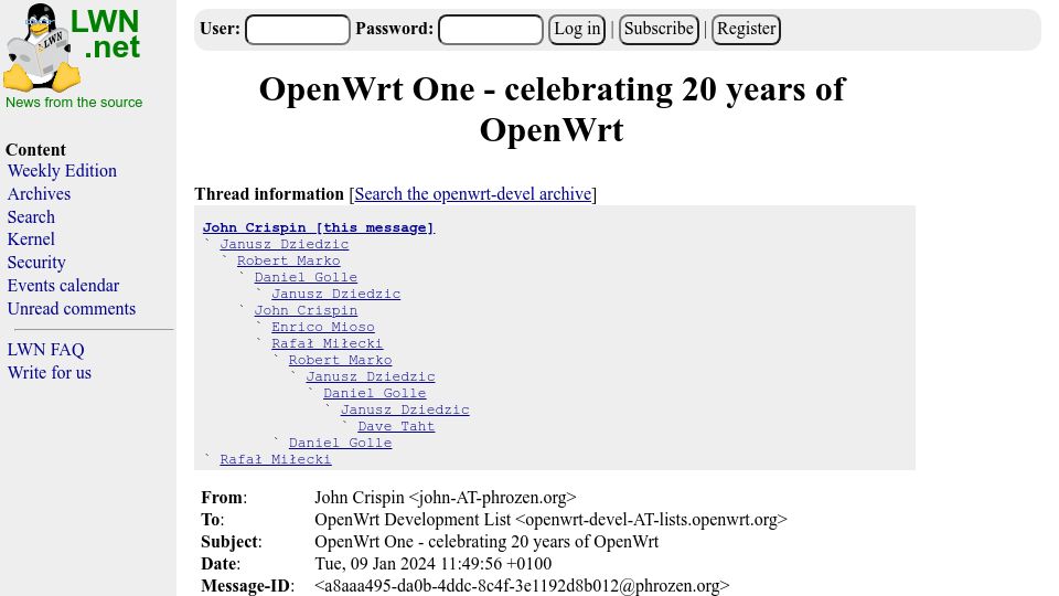 Screenshot of lwn.net: OpenWRT turns 20; wants to launch their "first upstream supported" design