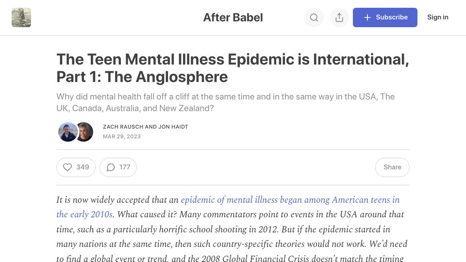 Screenshot of afterbabel.com: The teen mental illness epidemic is international (2023)