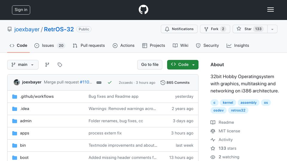 Screenshot of github.com: RetrOS-32: 32-bit Hobby Operating System
