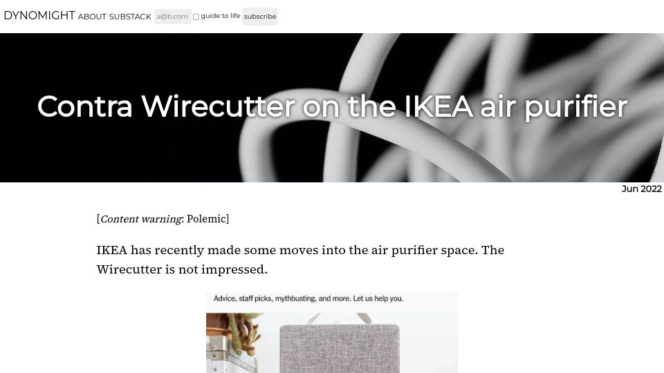 Screenshot of dynomight.net: Contra Wirecutter on the IKEA air purifier (2022)