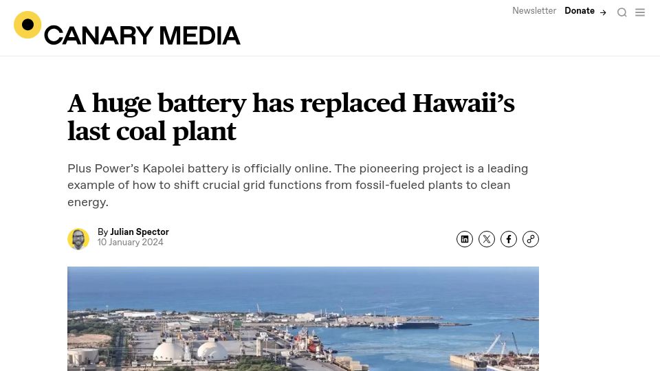 Screenshot of canarymedia.com: A battery has replaced Hawaii's last coal plant