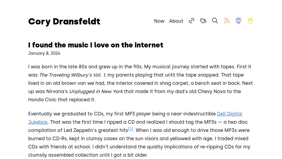Screenshot of coryd.dev: I found the music I love on the internet