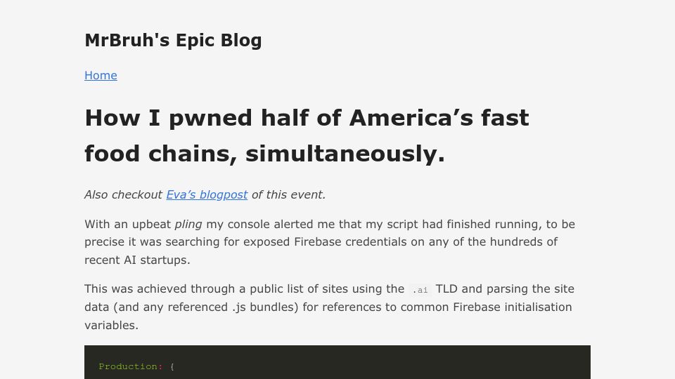 Screenshot of mrbruh.com: I pwned half of America's fast food chains simultaneously