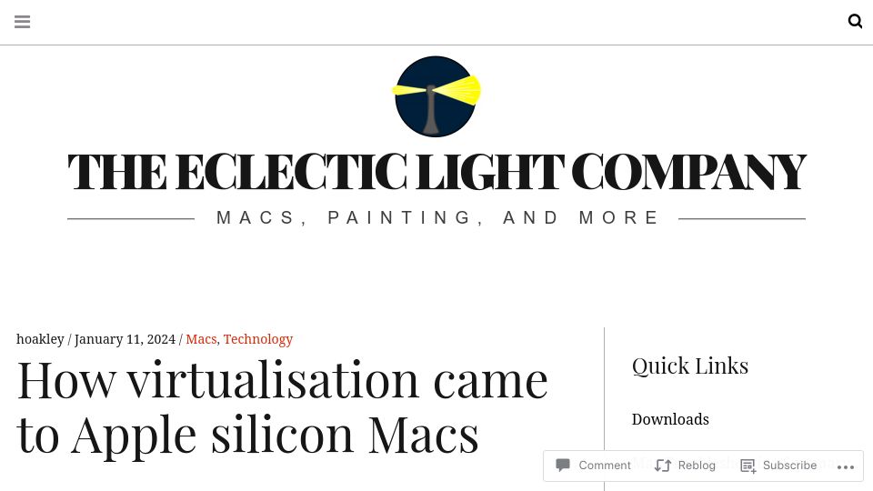 Screenshot of eclecticlight.co: How virtualisation came to Apple Silicon Macs
